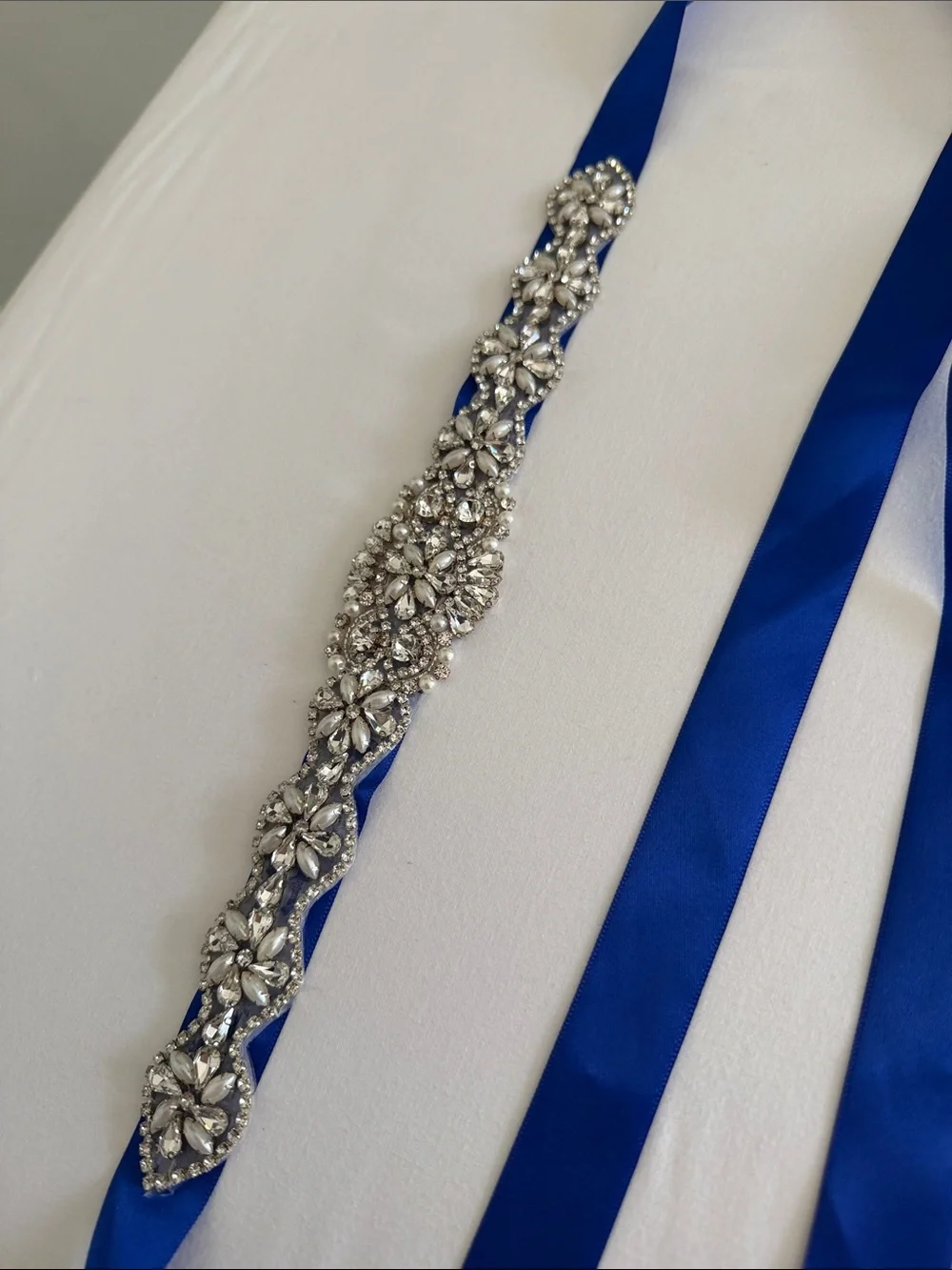 Rhinestone Floral Sash Belt with Royal Blue Ribbon